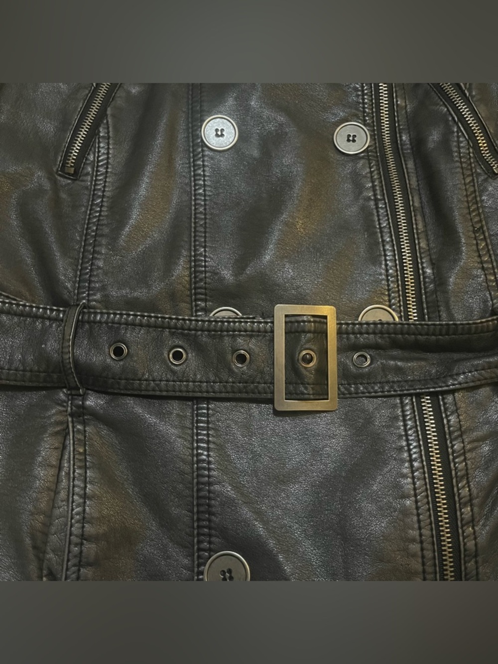 🛍️ $13 ADD-ON | Black & Silver Faux Leather Belted Button Zipper Jacket George - Picture 12 of 16